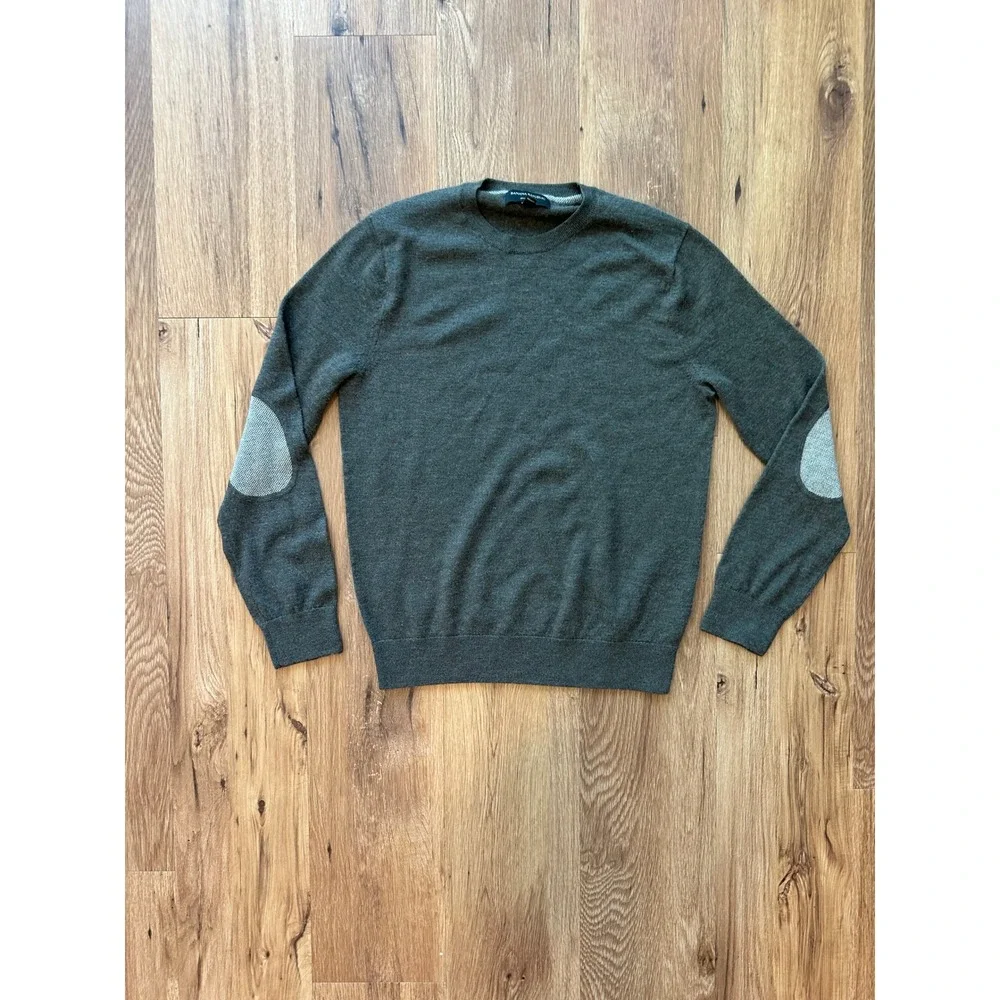 Banana Republic Mens Merino Wool Crewneck Sweater Green Elbow Patches Size M